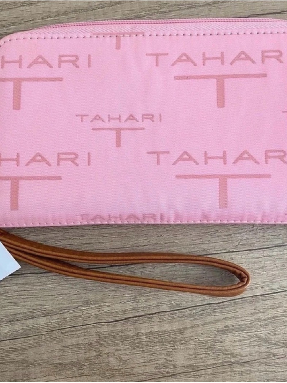 Tahari Pink Logo Wristlet with Tan Strap - Picture 2 of 3